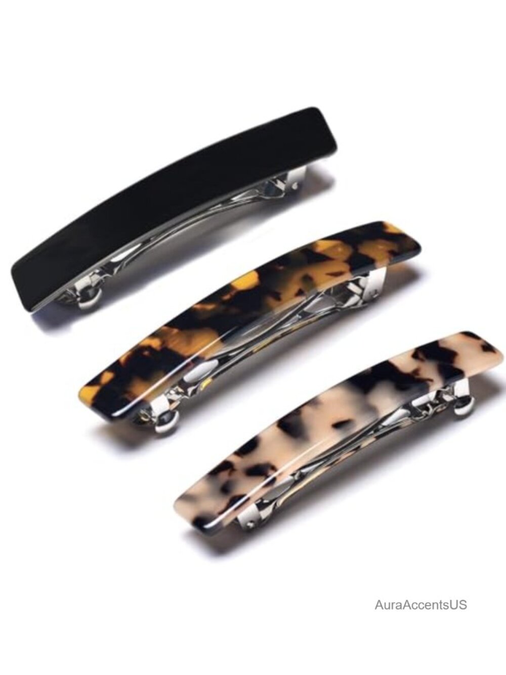 Cellulose Acetate No Slip Hair Barrettes, Silver-Plated Clasps, 3 Pack